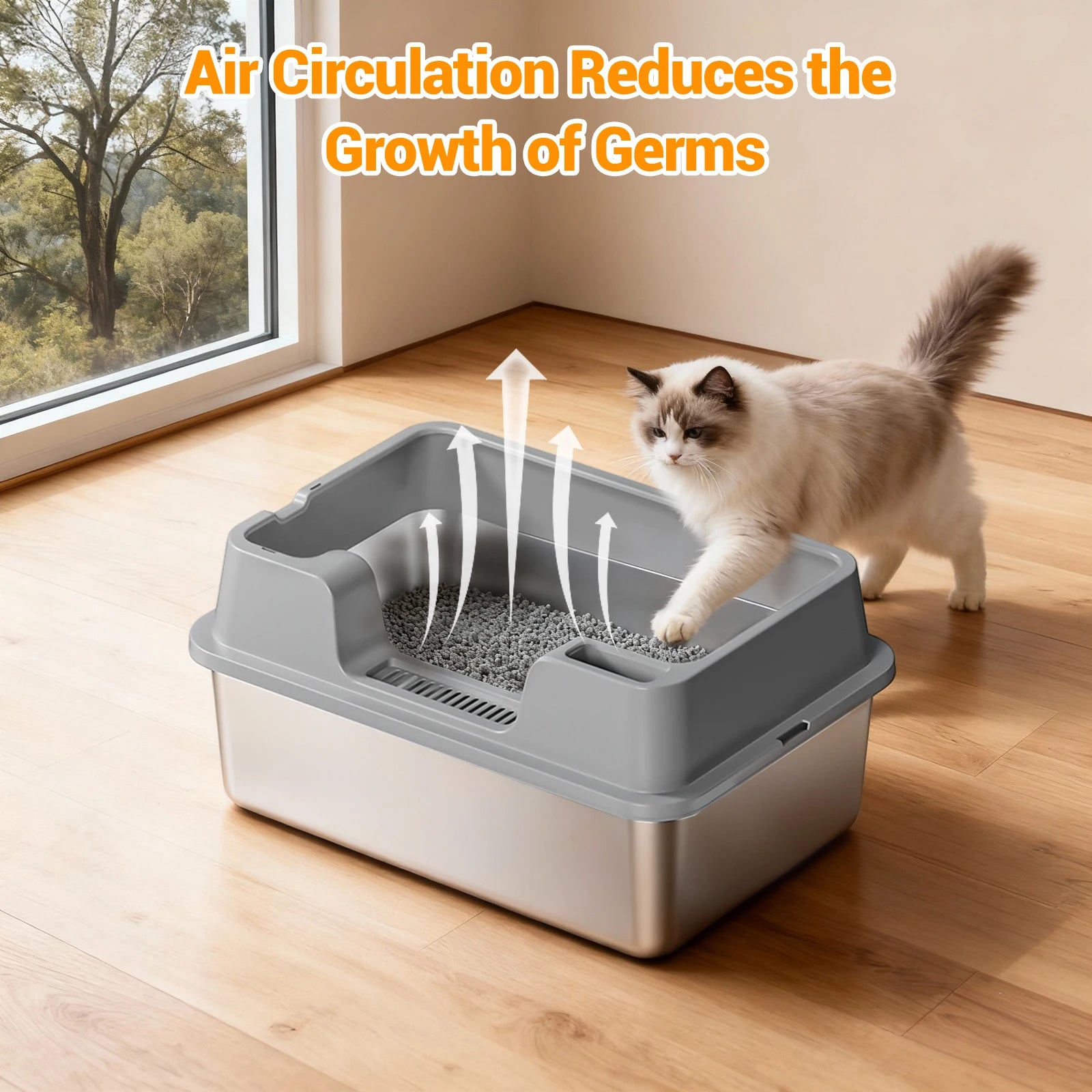 XXL Stainless Steel Cat Litter Box with Lid High Sides Anti Odor Easy Clean Metal Tray