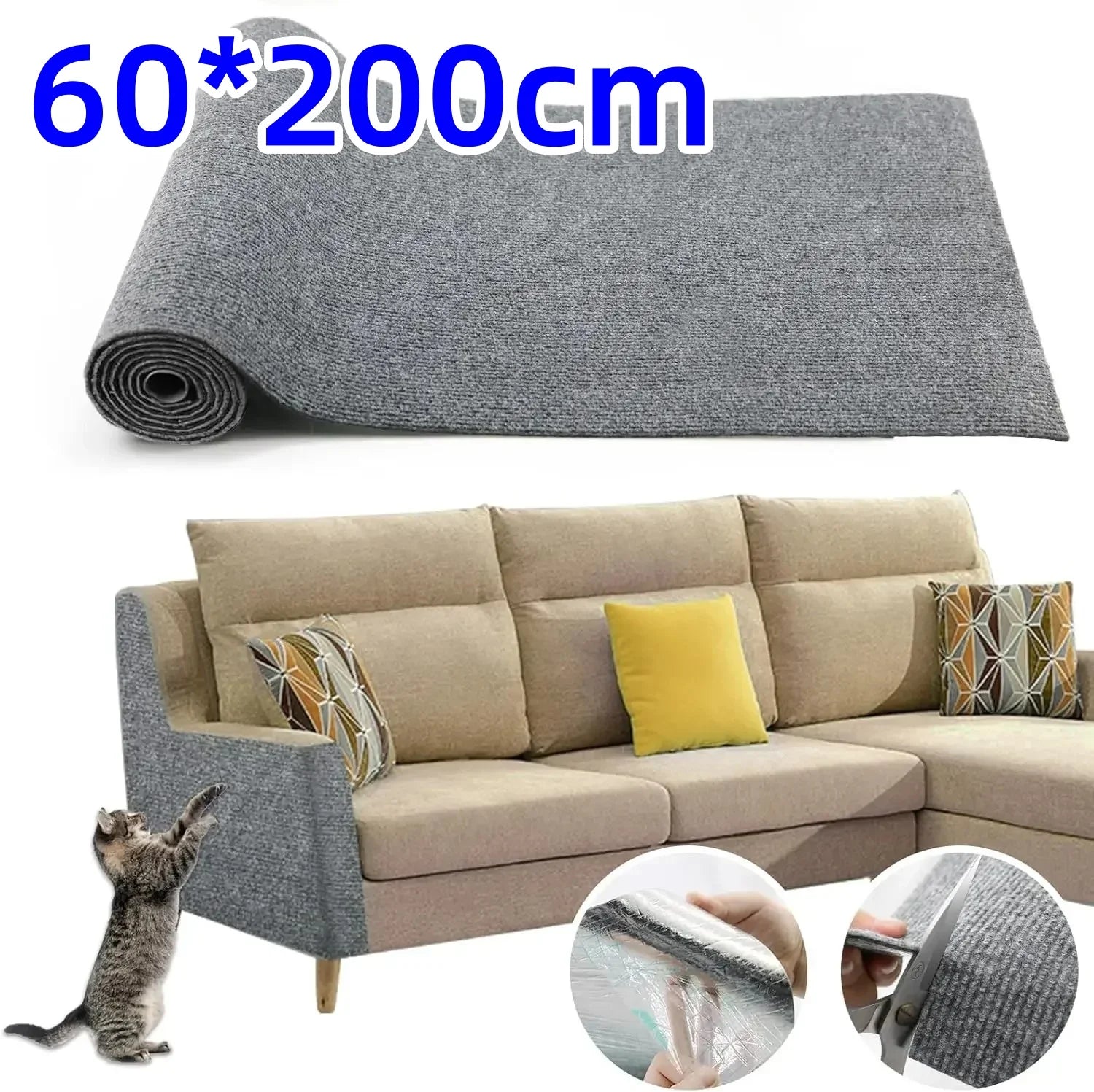 Self-Adhesive Cat Scratcher Mat 60x200cm | Sofa Protector Scratch Pad