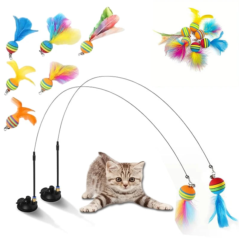 Interactive Cat Feather Wand Toy Set Suction Cup Replacement Feathers Fun Pet Toy