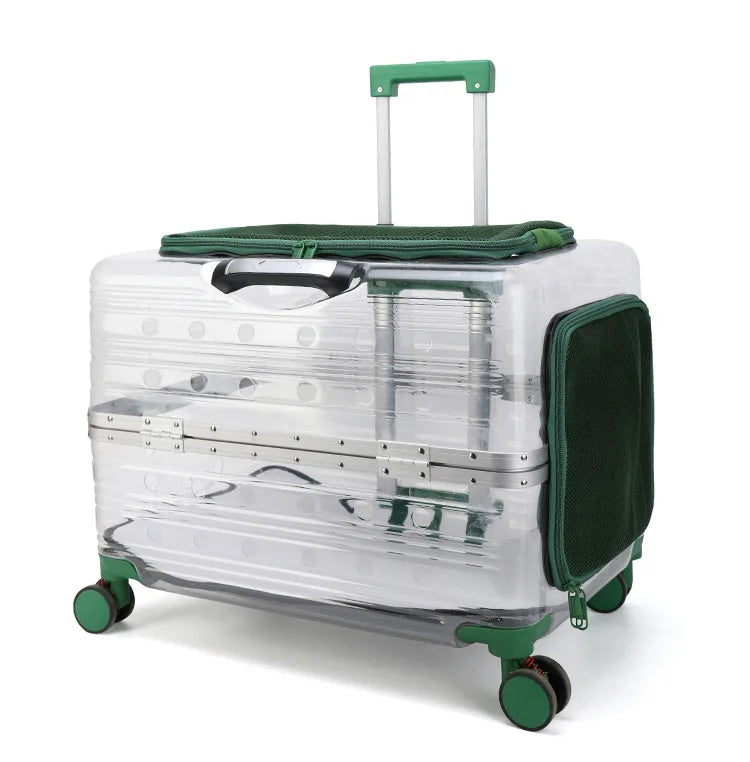 Large Transparent Pet Travel Suitcase with Wheels Portable Stroller Carrier for Cats and Dogs