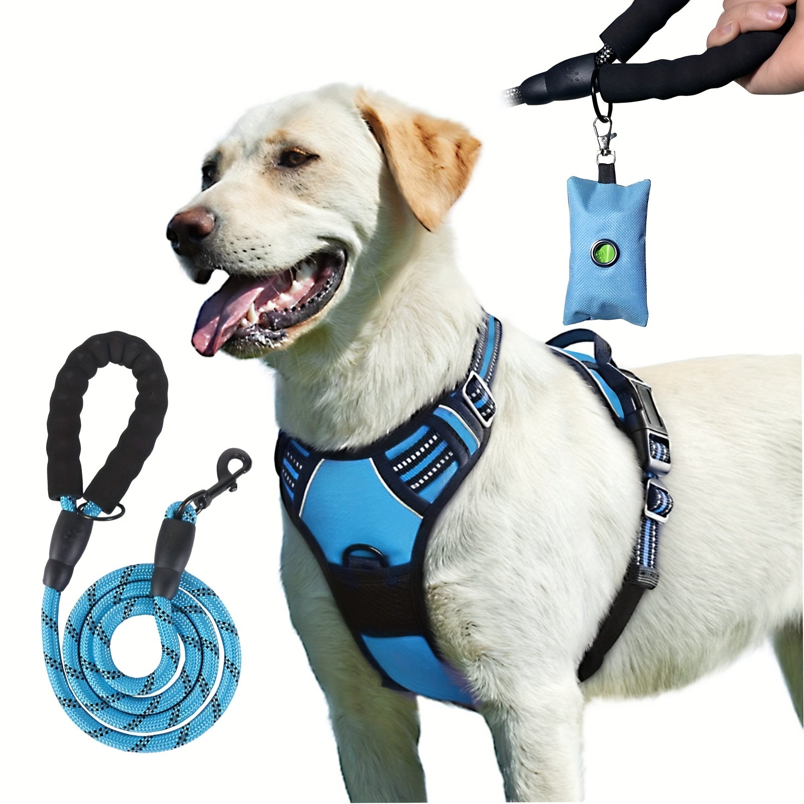 Escape-Proof Reflective Dog Harness Set with Leash & Poop Bag Dispenser – Adjustable, Breathable Vest for Medium & Large Dogs