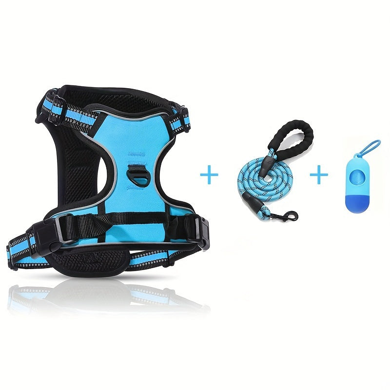 Reflective Dog Harness Set Adjustable No Pull Harness with Leash and Poop Bag Dispenser