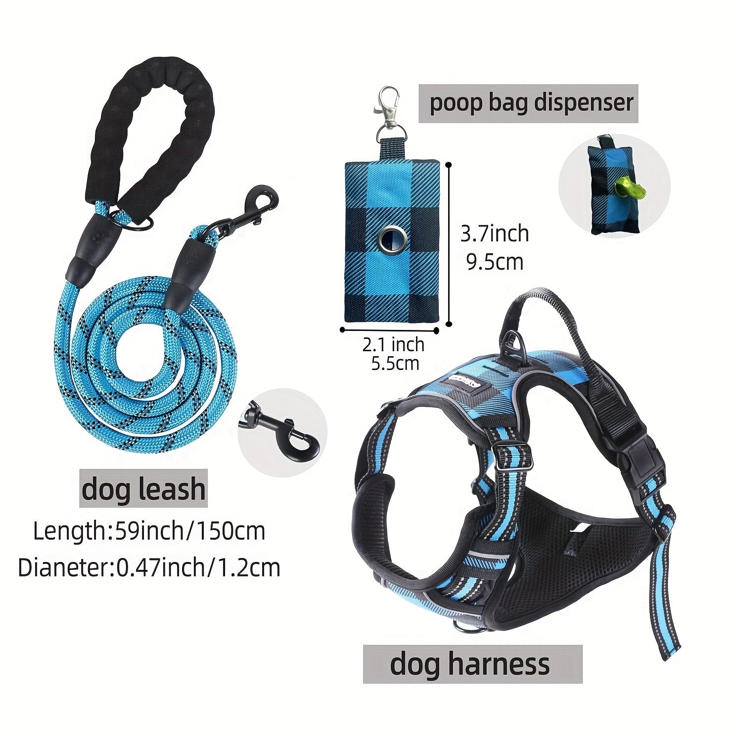 Escape-Proof Reflective Dog Harness Set with Leash & Poop Bag Dispenser – Adjustable, Breathable Vest for Medium & Large Dogs