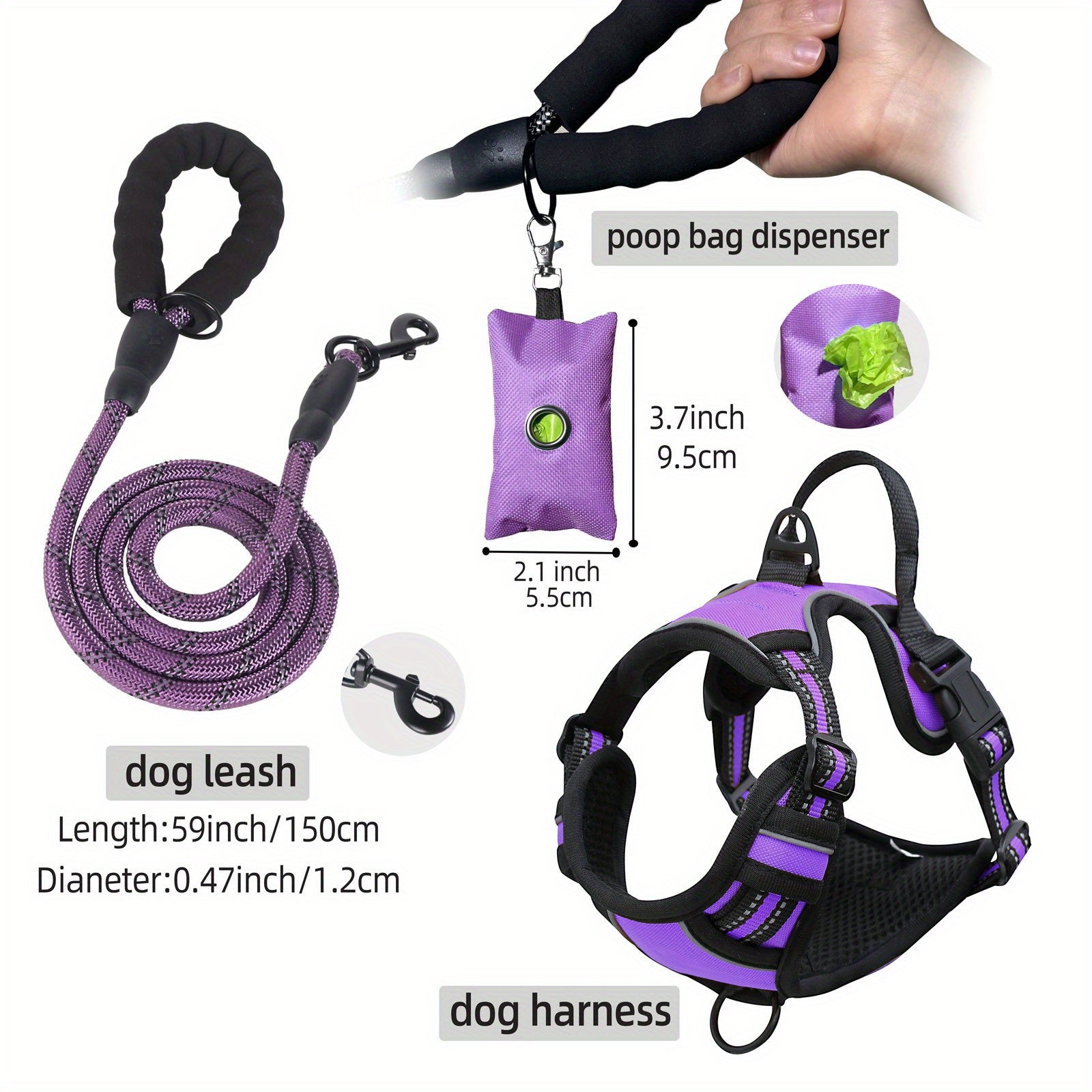 Escape-Proof Reflective Dog Harness Set with Leash & Poop Bag Dispenser – Adjustable, Breathable Vest for Medium & Large Dogs