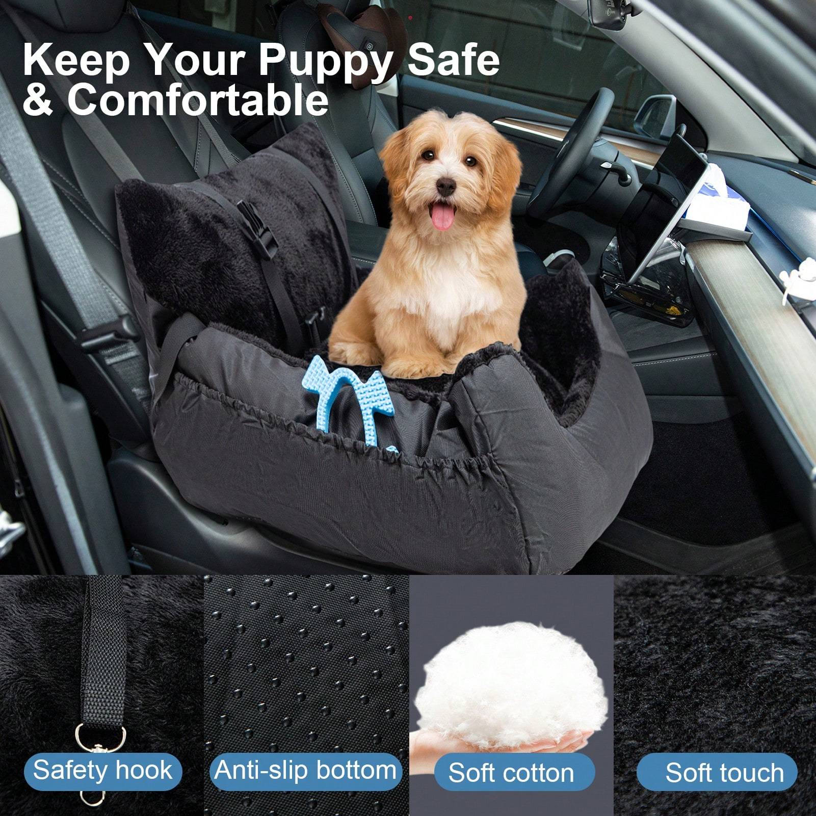 Plush Dog Car Seat for Small Dogs & Cats with Safety Leash, Non-Slip Base & Storage Pocket