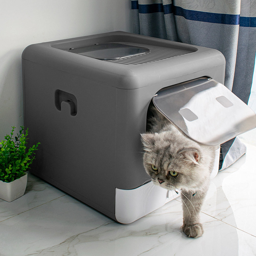 “Foldable Hooded Cat Litter Box with Top Entry — Large Anti-Odor Tray, Easy-Clean Pull-Out Drawer & Scoop Included (Grey)”