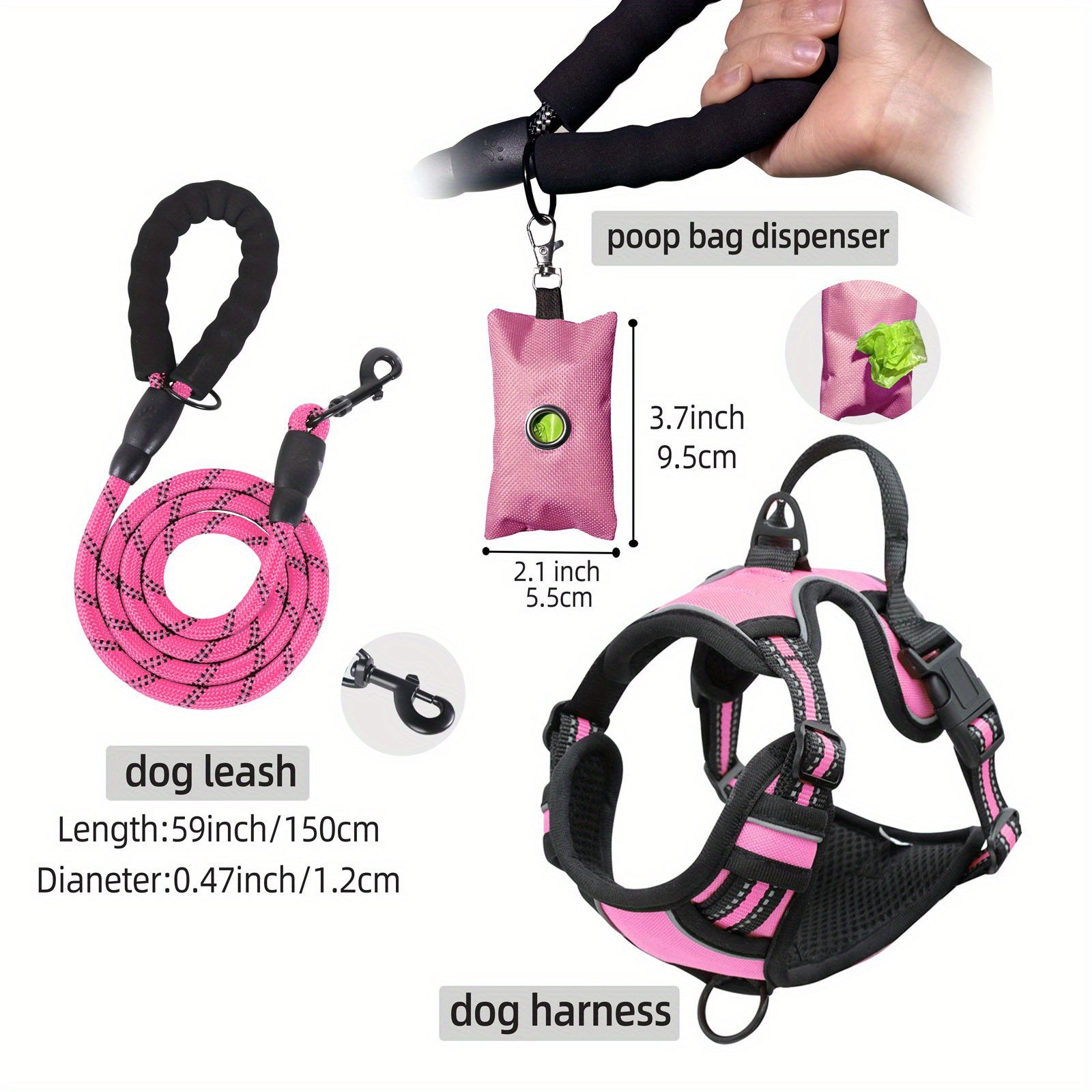 Escape-Proof Reflective Dog Harness Set with Leash & Poop Bag Dispenser – Adjustable, Breathable Vest for Medium & Large Dogs
