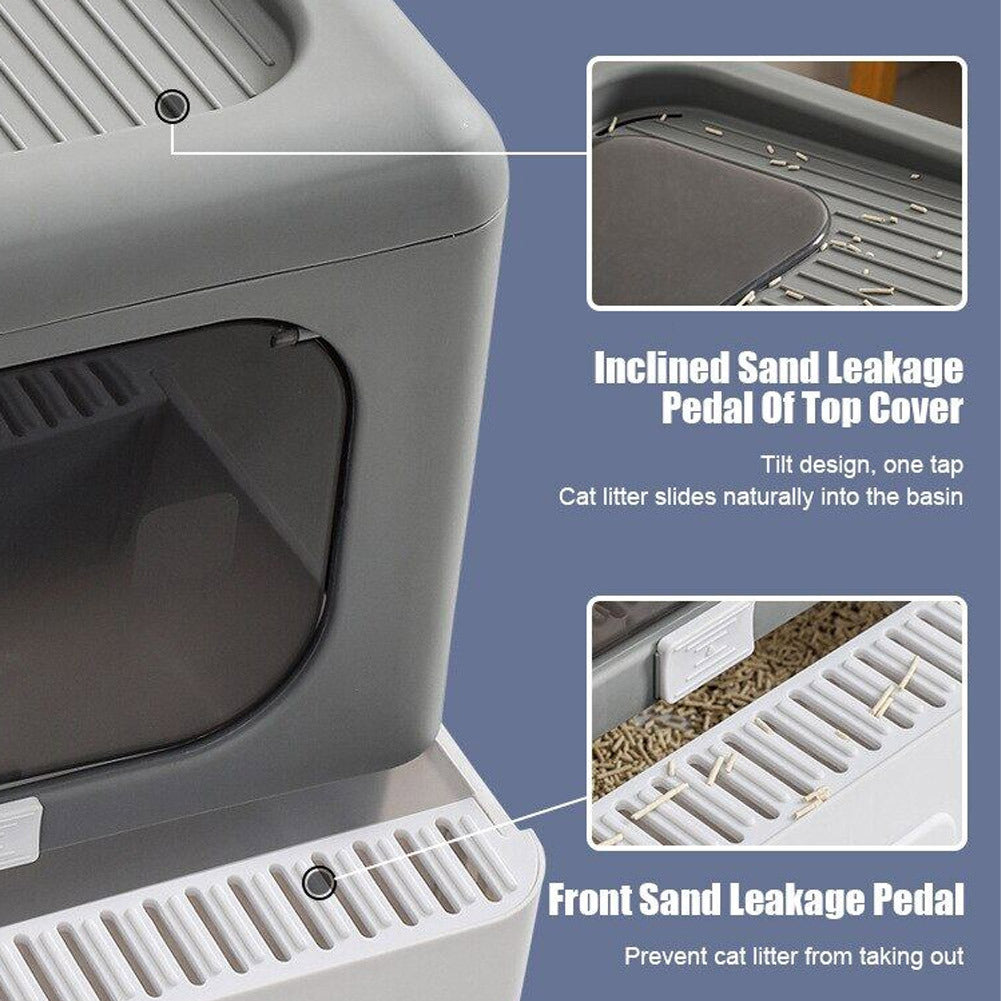 “Foldable Hooded Cat Litter Box with Top Entry — Large Anti-Odor Tray, Easy-Clean Pull-Out Drawer & Scoop Included (Grey)”
