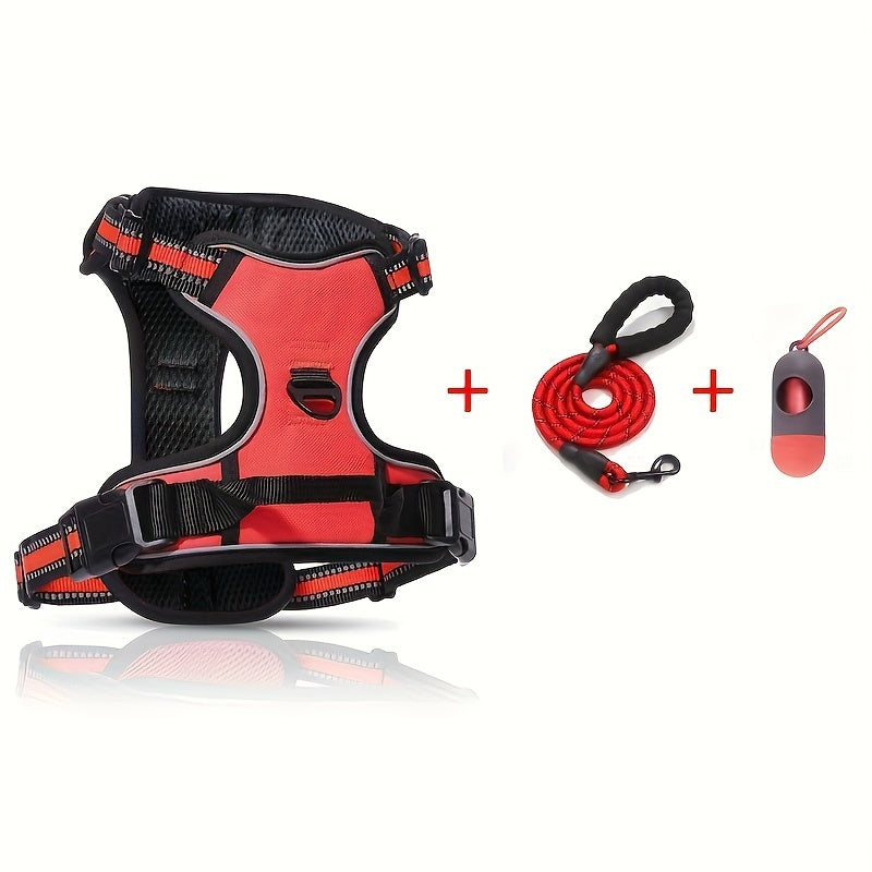 Reflective Dog Harness Set Adjustable No Pull Harness with Leash and Poop Bag Dispenser