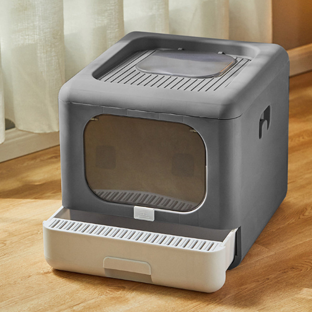 “Foldable Hooded Cat Litter Box with Top Entry — Large Anti-Odor Tray, Easy-Clean Pull-Out Drawer & Scoop Included (Grey)”
