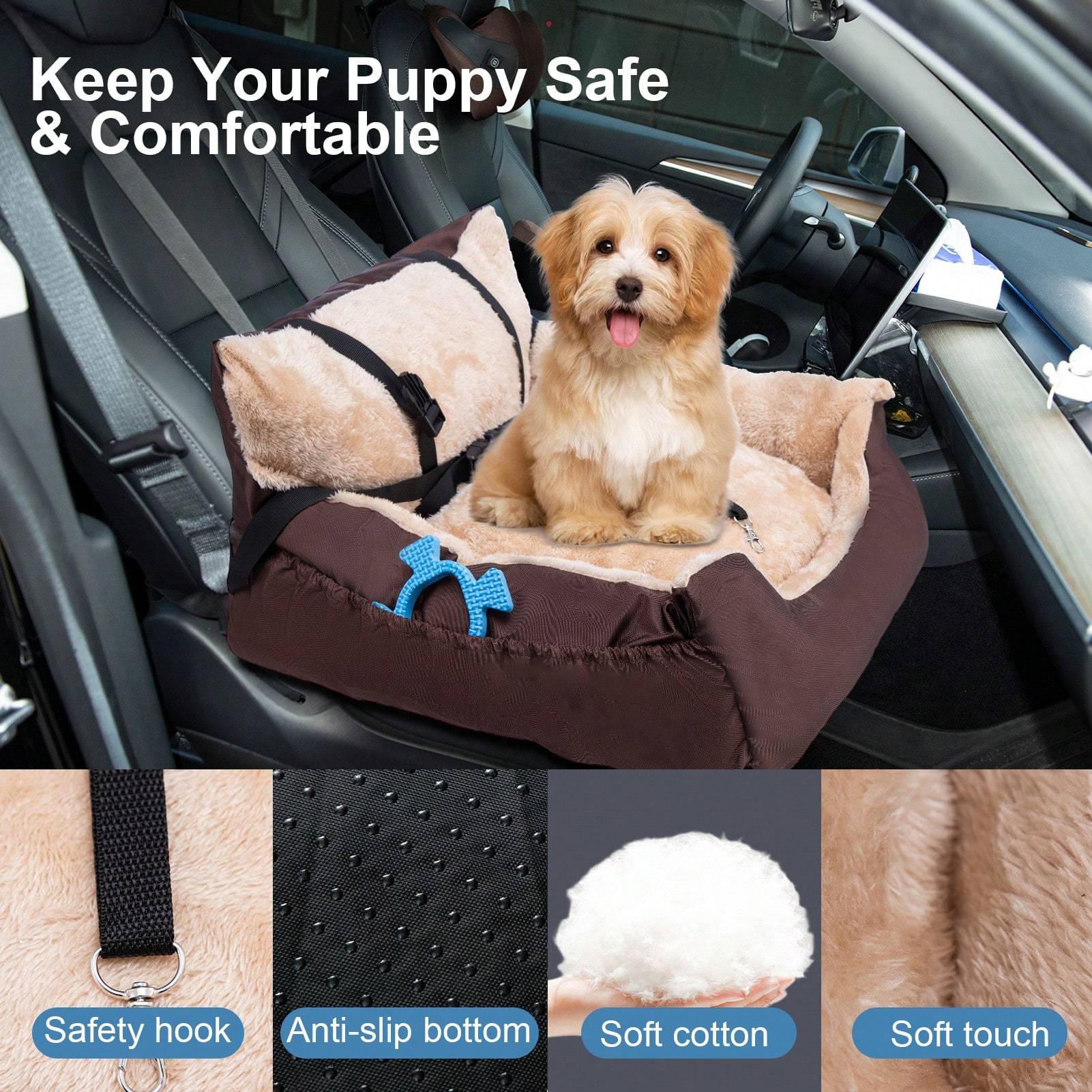 Plush Dog Car Seat for Small Dogs & Cats with Safety Leash, Non-Slip Base & Storage Pocket