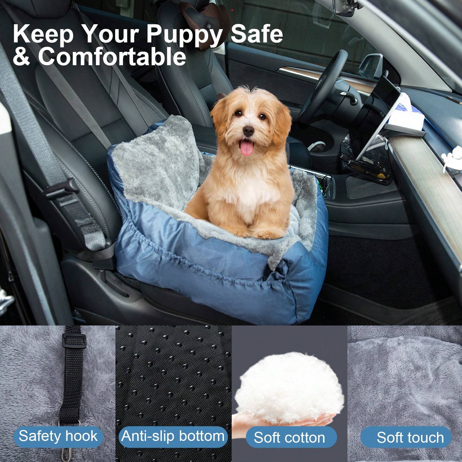 Plush Dog Car Seat for Small Dogs & Cats with Safety Leash, Non-Slip Base & Storage Pocket
