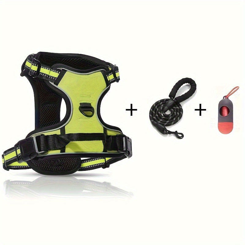 Reflective Dog Harness Set Adjustable No Pull Harness with Leash and Poop Bag Dispenser