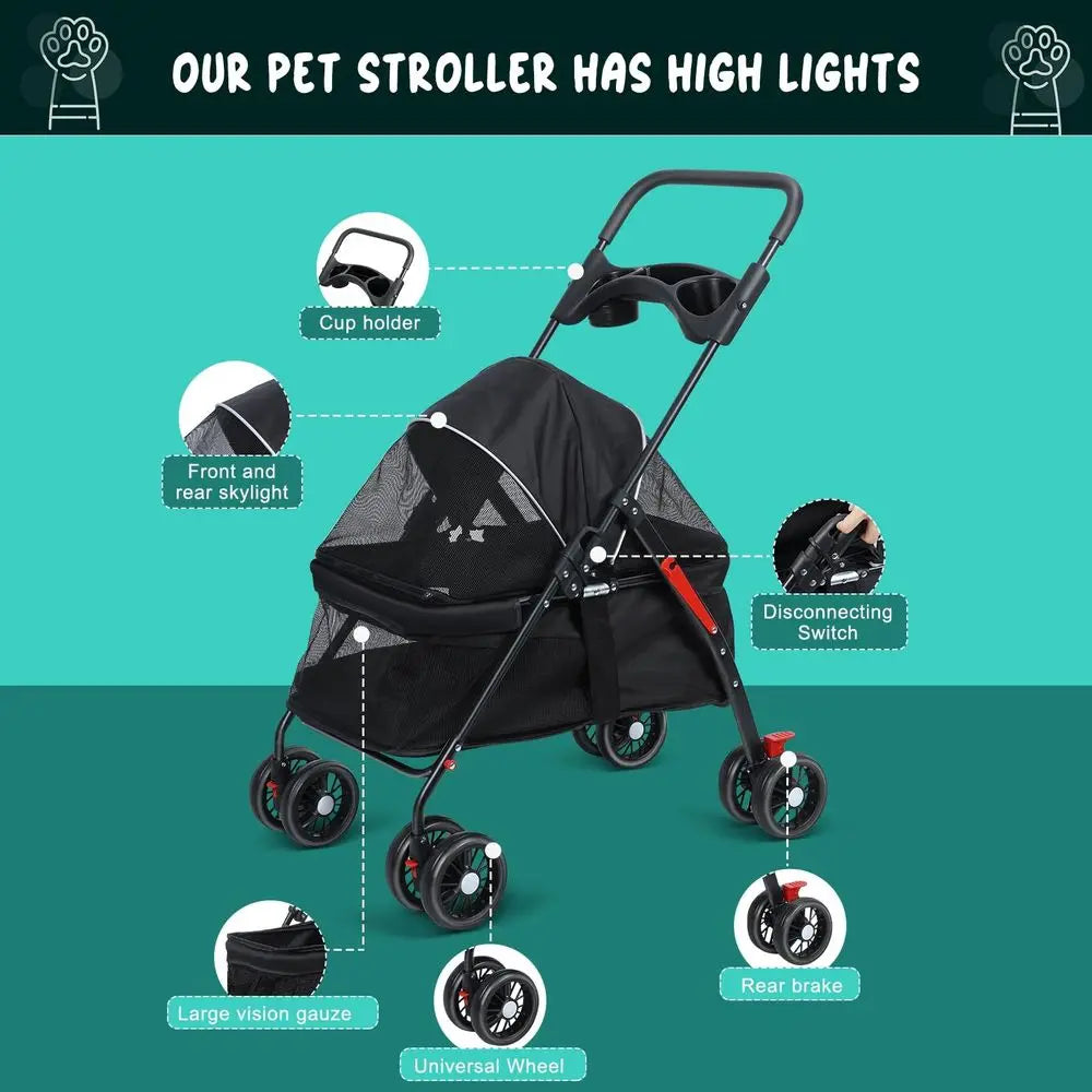Premium Dog Stroller Pram with Mesh Ventilation Foldable Pet Trolley with Storage
