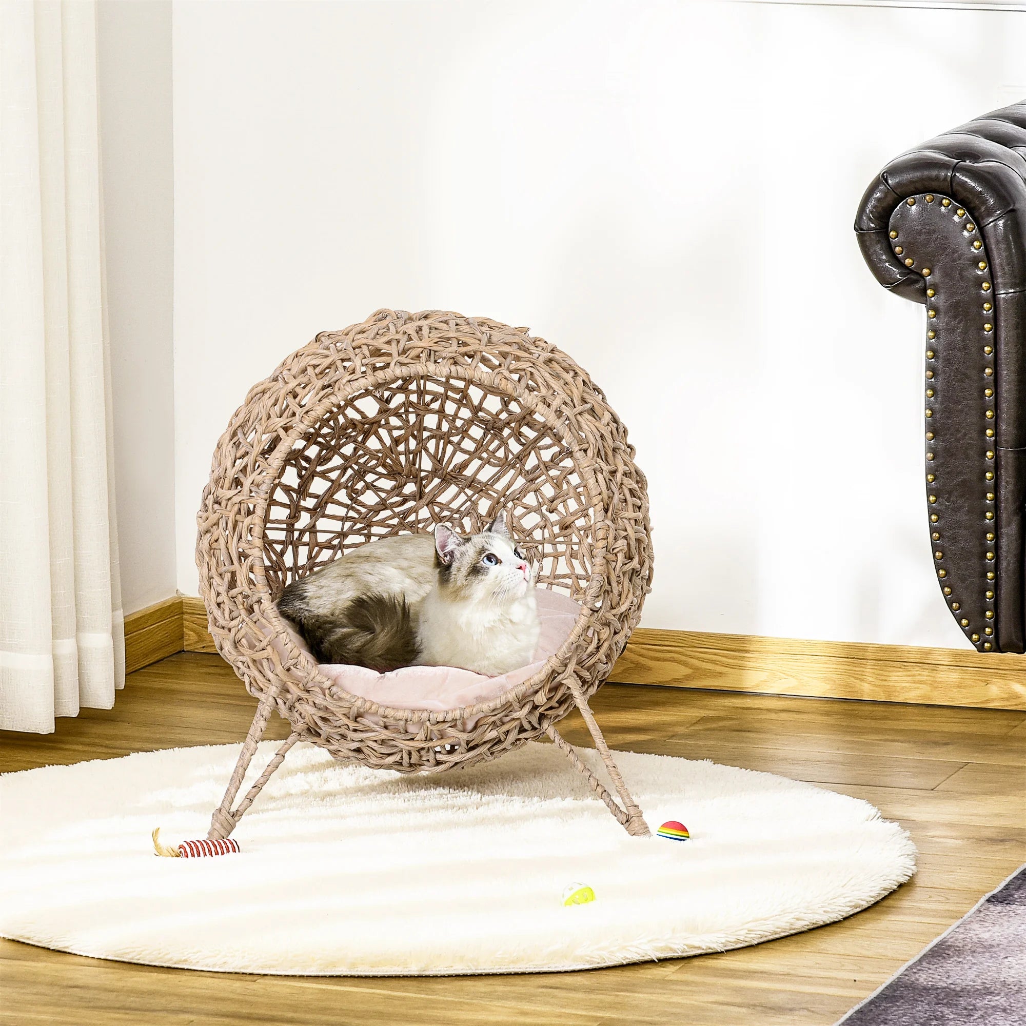 Rattan Cat House ,PawHut Wicker Cat Bed Pod with Cushion and Raised Stand