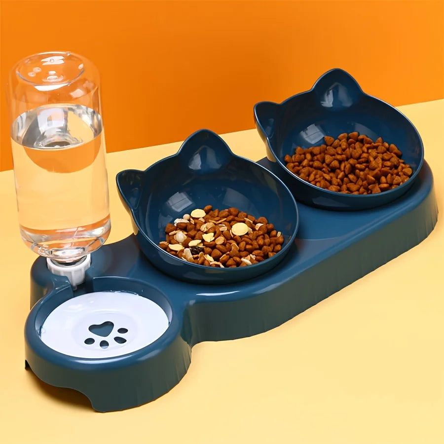 3-in-1 Tilted Cat Food & Water Bowl with Gravity Water Dispenser | Anti-Spill Cat Feeding Set