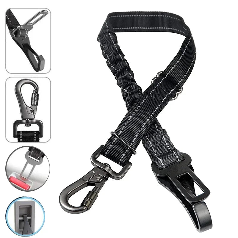 Adjustable Dog Car Seat Belt Reflective Safety Leash with Dual Clip Shock Absorbing Nylon