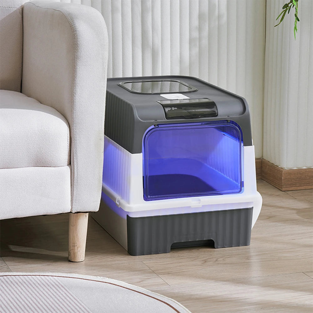 UV Sterilisation Cat Litter Box with Enclosed Design Odour Control Easy Clean Drawer Pink Grey