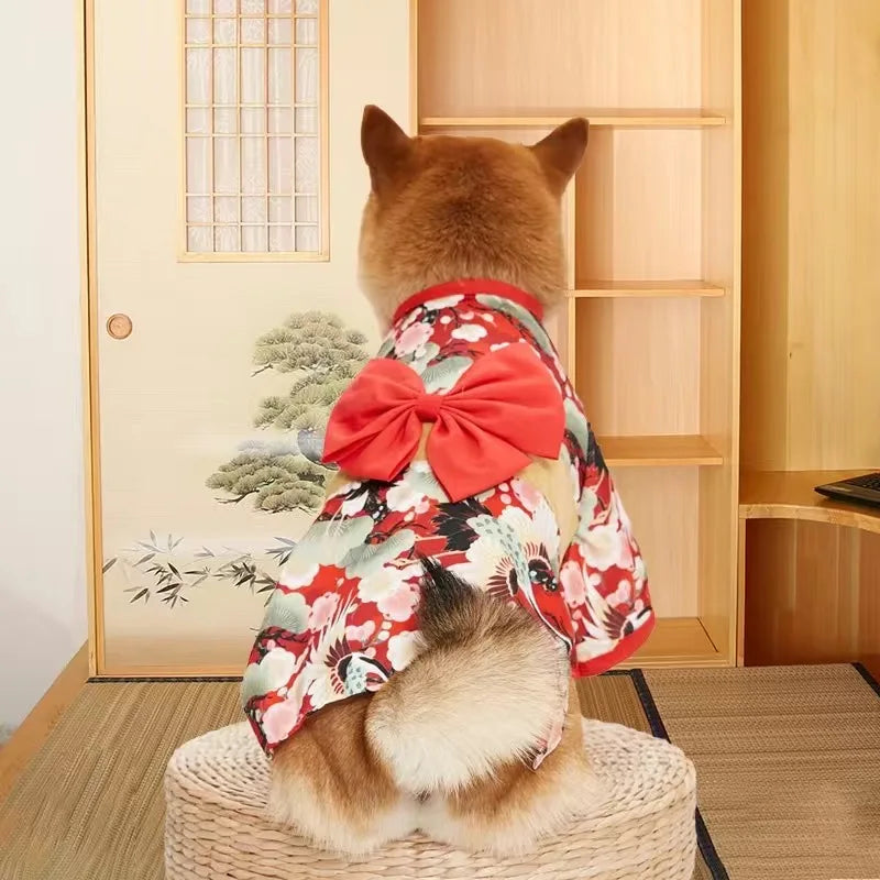 Japanese Style Kimono Coat for Cats & Small Dogs – Summer Pet Clothes with Bow-Knot