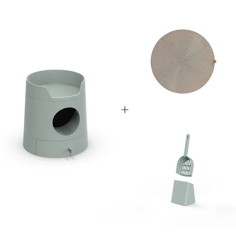 Castle Cat Litter Box with Scratch Pad Large Semi Enclosed Cat Toilet with Drawer Easy Clean Design
