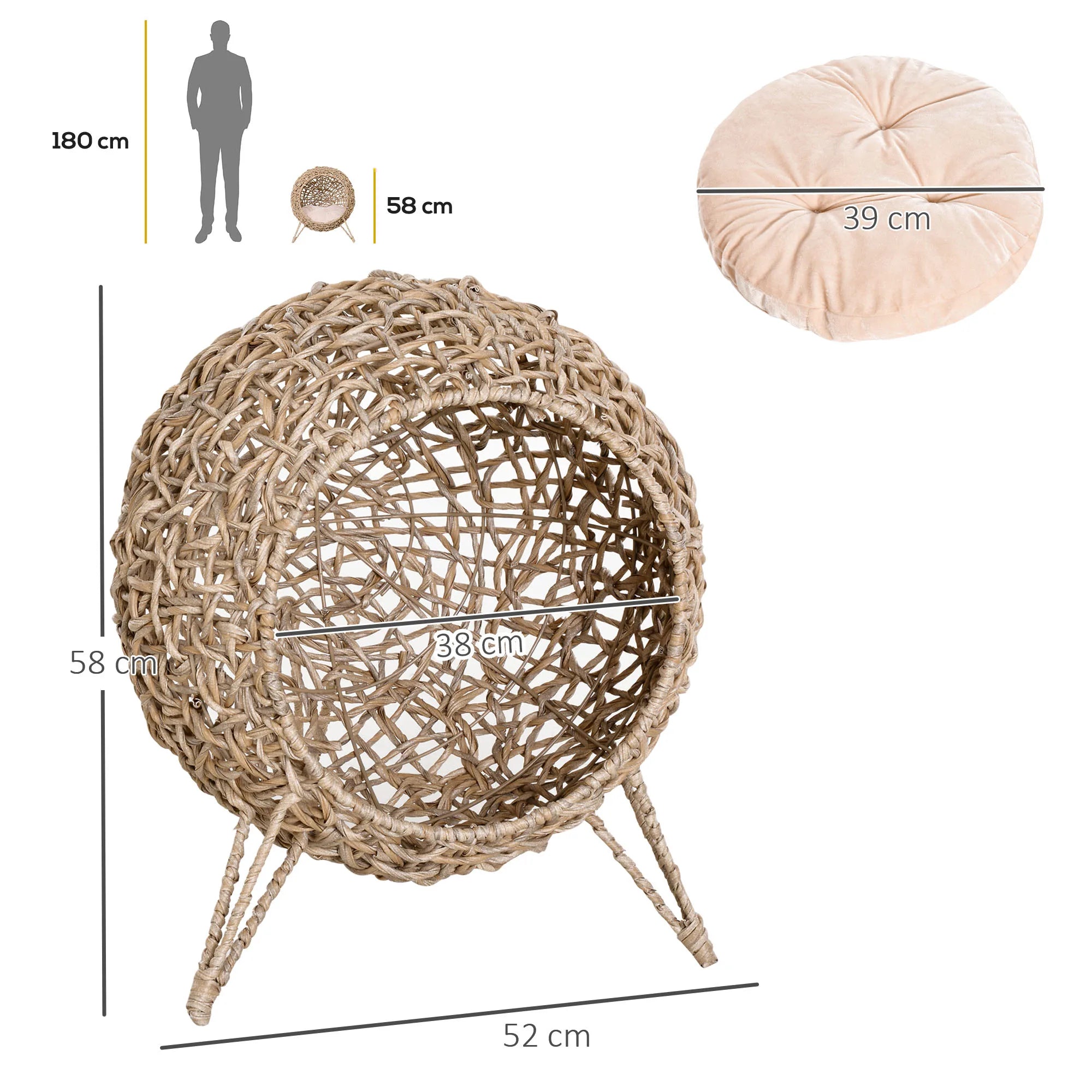 Rattan Cat House ,PawHut Wicker Cat Bed Pod with Cushion and Raised Stand