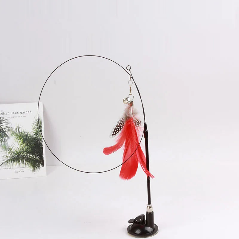 Cat Feather Wand Toy with Bell Suction Cup Interactive Teaser Stick for Kittens Cats