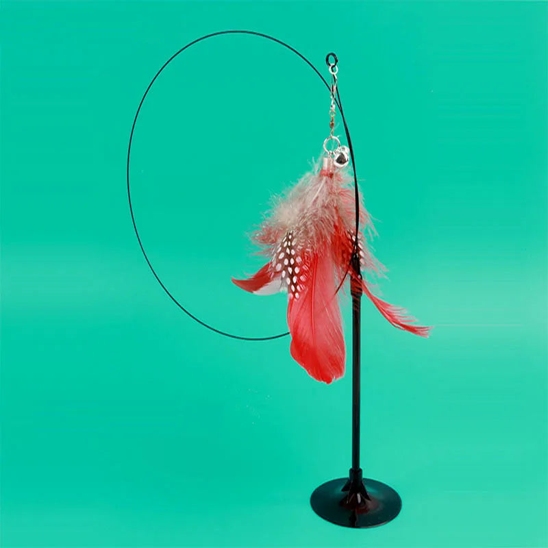 Cat Feather Wand Toy with Bell Suction Cup Interactive Teaser Stick for Kittens Cats
