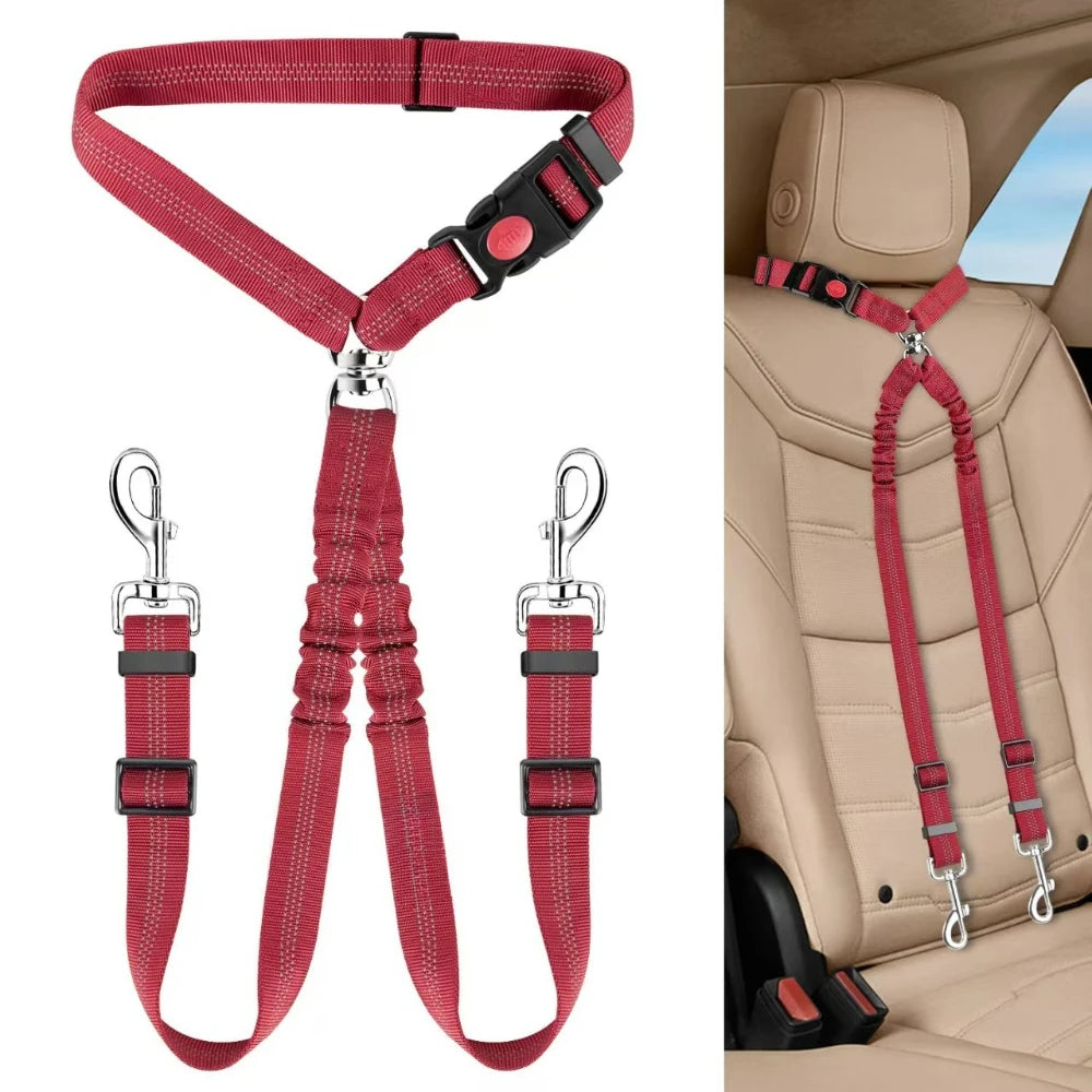 Adjustable Dual Dog Car Seat Belt Nylon Safety Lead Secure Pet Travel Harness