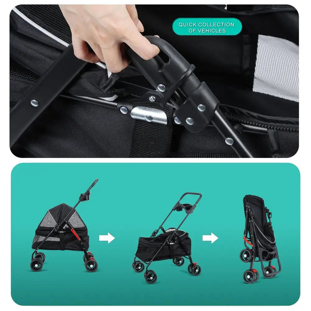 Premium Dog Stroller Pram with Mesh Ventilation Foldable Pet Trolley with Storage