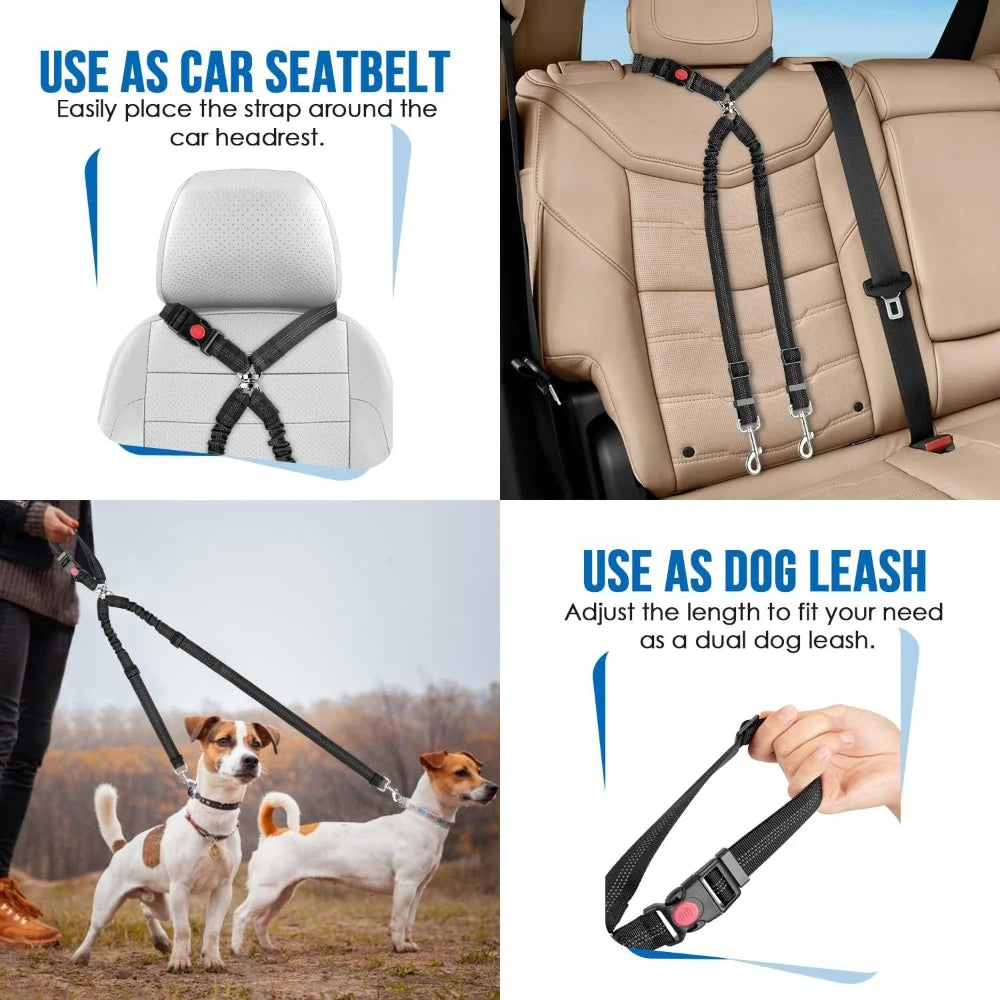 Adjustable Dual Dog Car Seat Belt Nylon Safety Lead Secure Pet Travel Harness