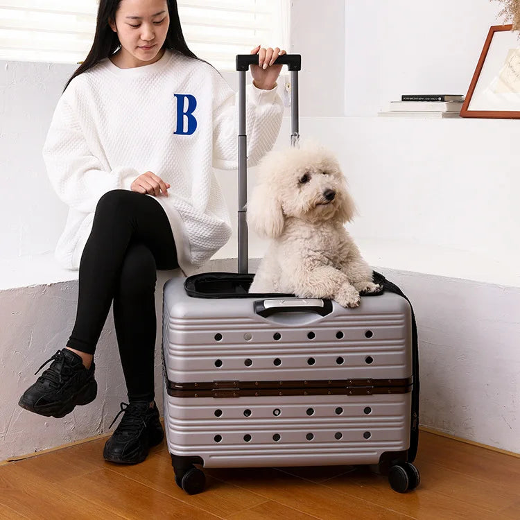 Large Transparent Pet Travel Suitcase with Wheels Portable Stroller Carrier for Cats and Dogs