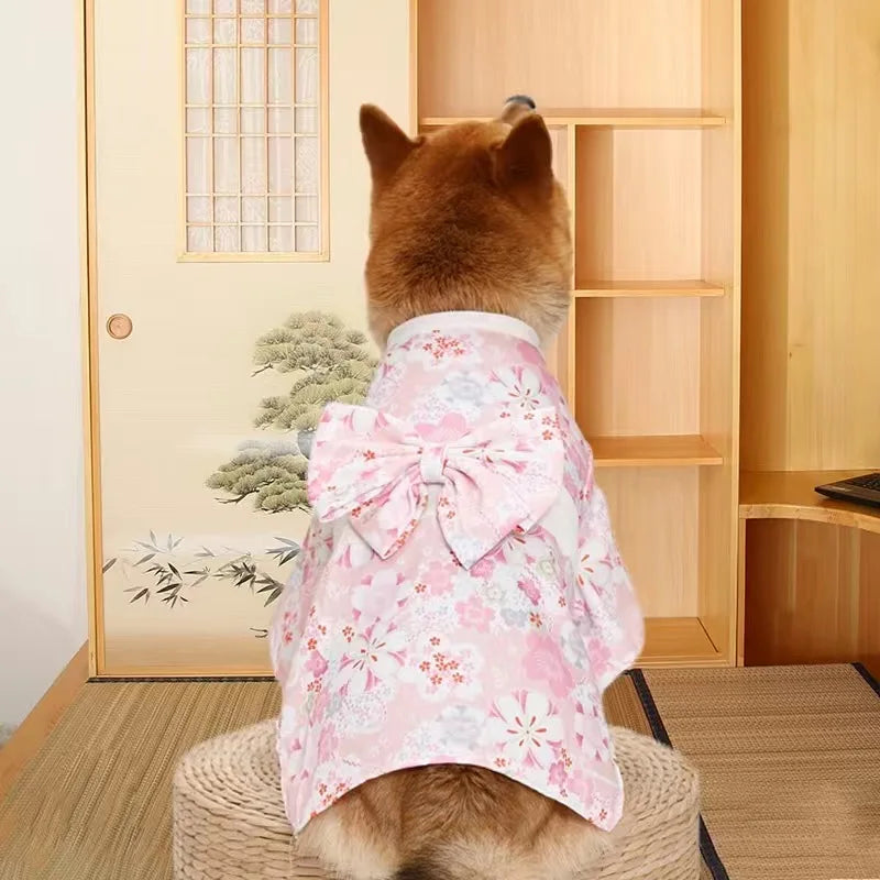 Japanese Style Kimono Coat for Cats & Small Dogs – Summer Pet Clothes with Bow-Knot