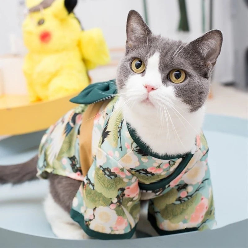 Japanese Style Kimono Coat for Cats & Small Dogs – Summer Pet Clothes with Bow-Knot