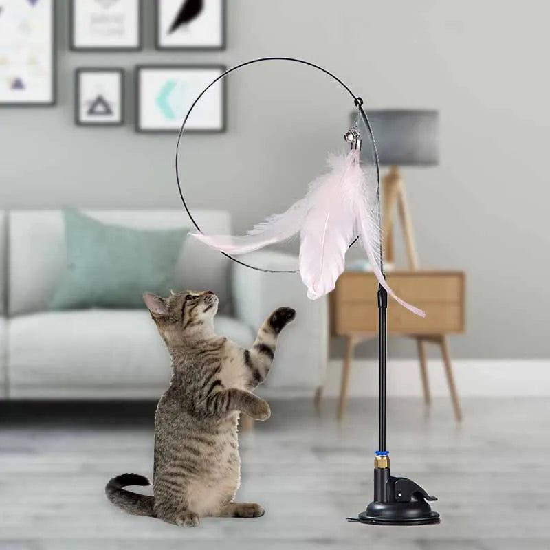 Cat Feather Wand Toy with Bell Suction Cup Interactive Teaser Stick for Kittens Cats