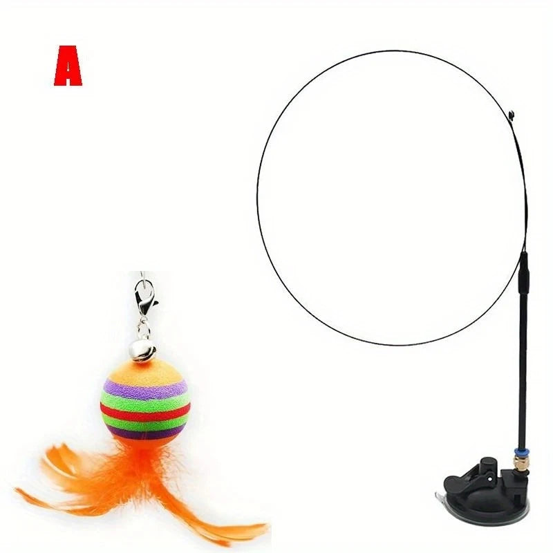 Interactive Feather Cat Wand Toy Suction Cup Base Replacement Heads Indoor Outdoor Play