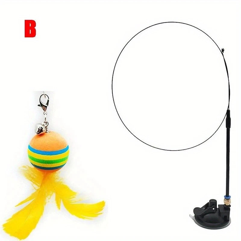 Interactive Feather Cat Wand Toy Suction Cup Base Replacement Heads Indoor Outdoor Play