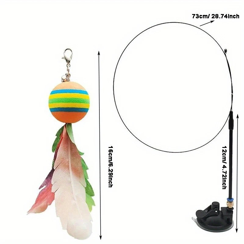 Interactive Cat Feather Wand Toy Set Suction Cup Replacement Feathers Fun Pet Toy