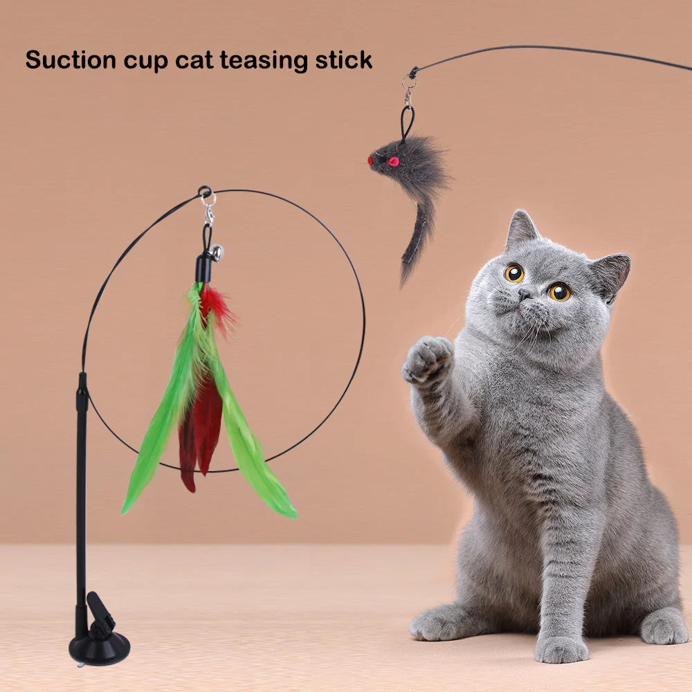 Interactive Cat Teaser Stick Suction Cup Toy Double Head Mouse Feather Bell Pet Toy