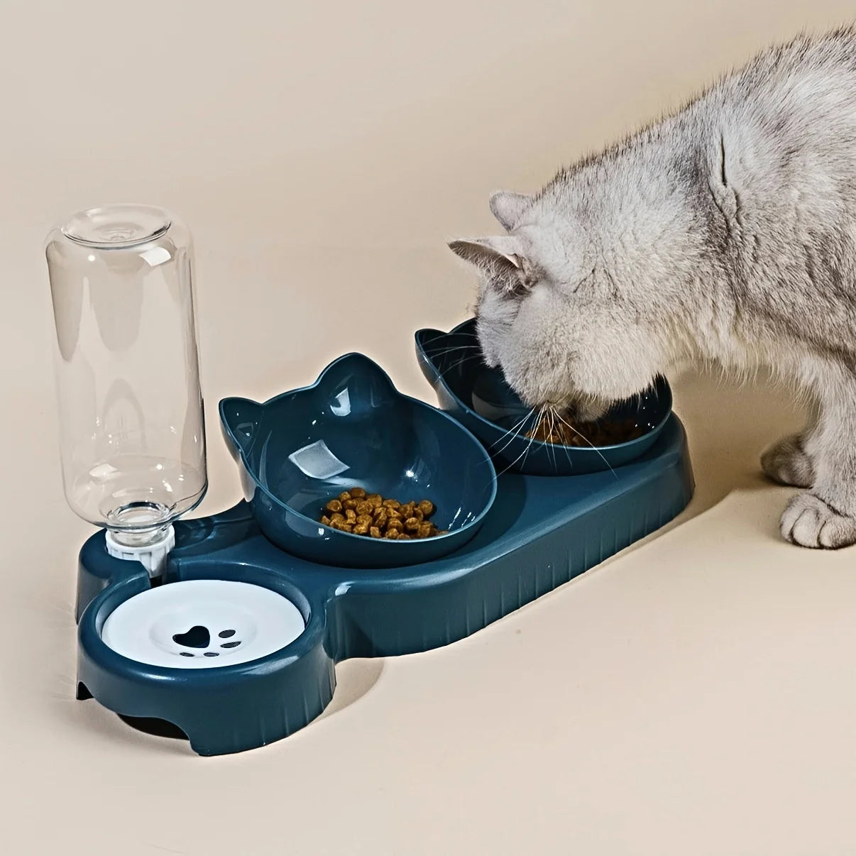 3-in-1 Tilted Cat Food & Water Bowl with Gravity Water Dispenser | Anti-Spill Cat Feeding Set