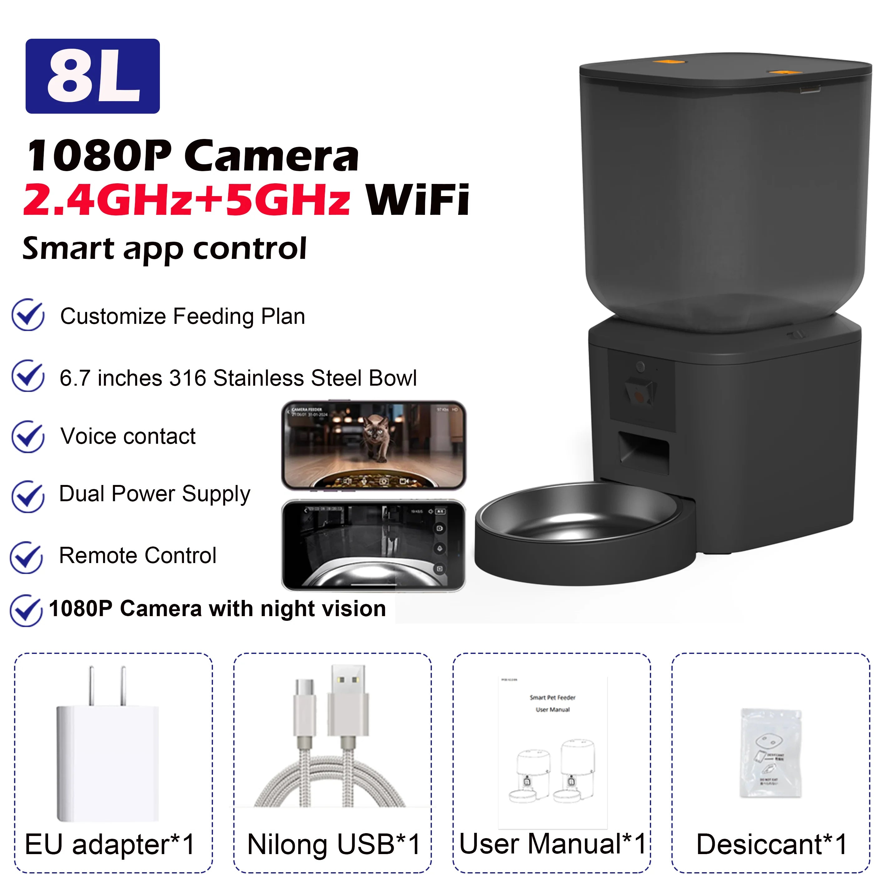 8L Smart Pet Feeder with Camera 1080P | WiFi Dog & Cat Feeder