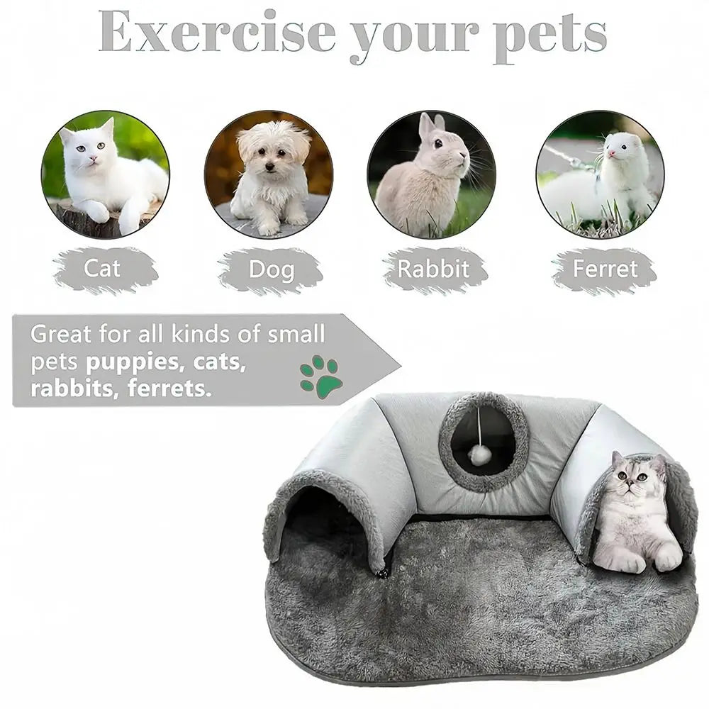 Cat Tunnel Bed ,Soft Interactive Cat Bed with Play Tunnel and Ball Toy