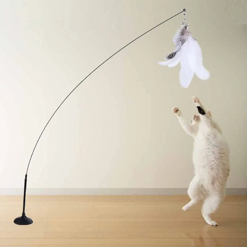 Cat Feather Wand Toy with Bell Suction Cup Interactive Teaser Stick for Kittens Cats