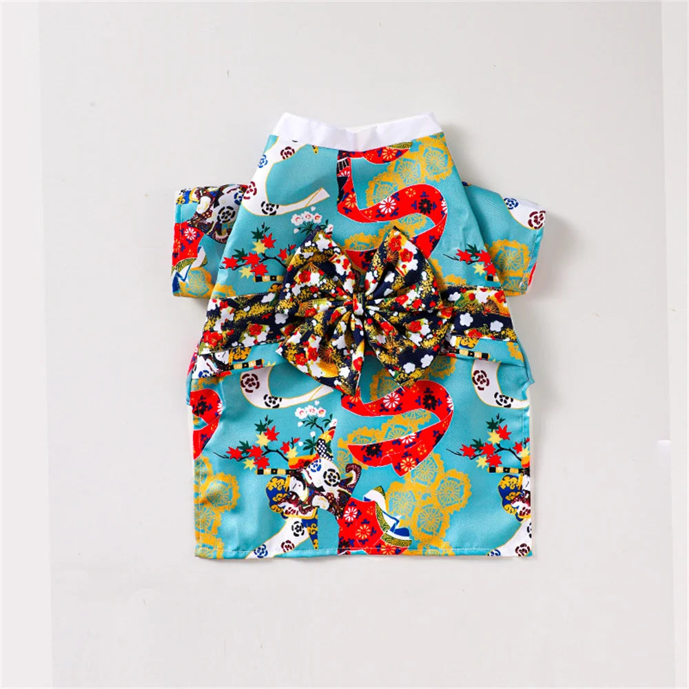 Japanese Style Kimono Coat for Cats & Small Dogs – Summer Pet Clothes with Bow-Knot