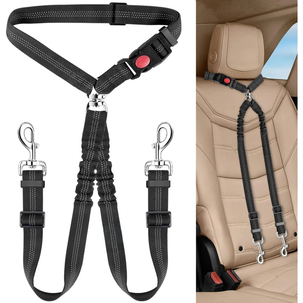 Adjustable Dual Dog Car Seat Belt Nylon Safety Lead Secure Pet Travel Harness