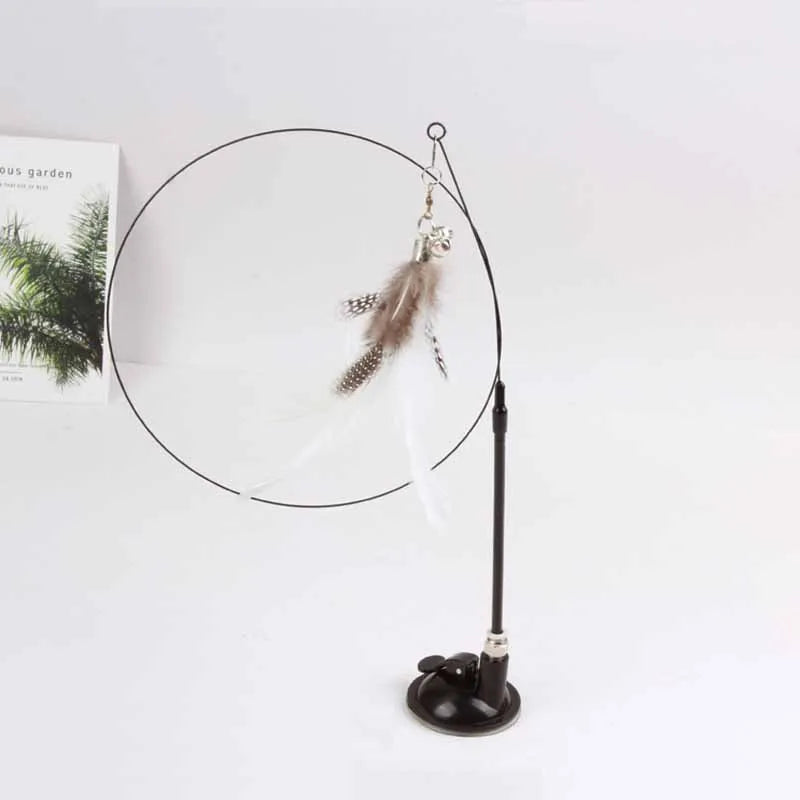 Cat Feather Wand Toy with Bell Suction Cup Interactive Teaser Stick for Kittens Cats