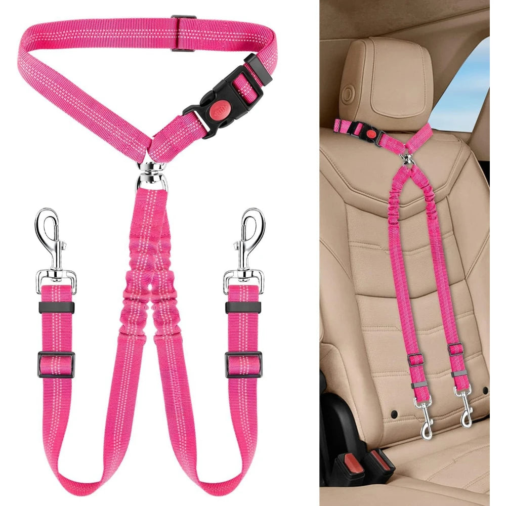 Adjustable Dual Dog Car Seat Belt Nylon Safety Lead Secure Pet Travel Harness