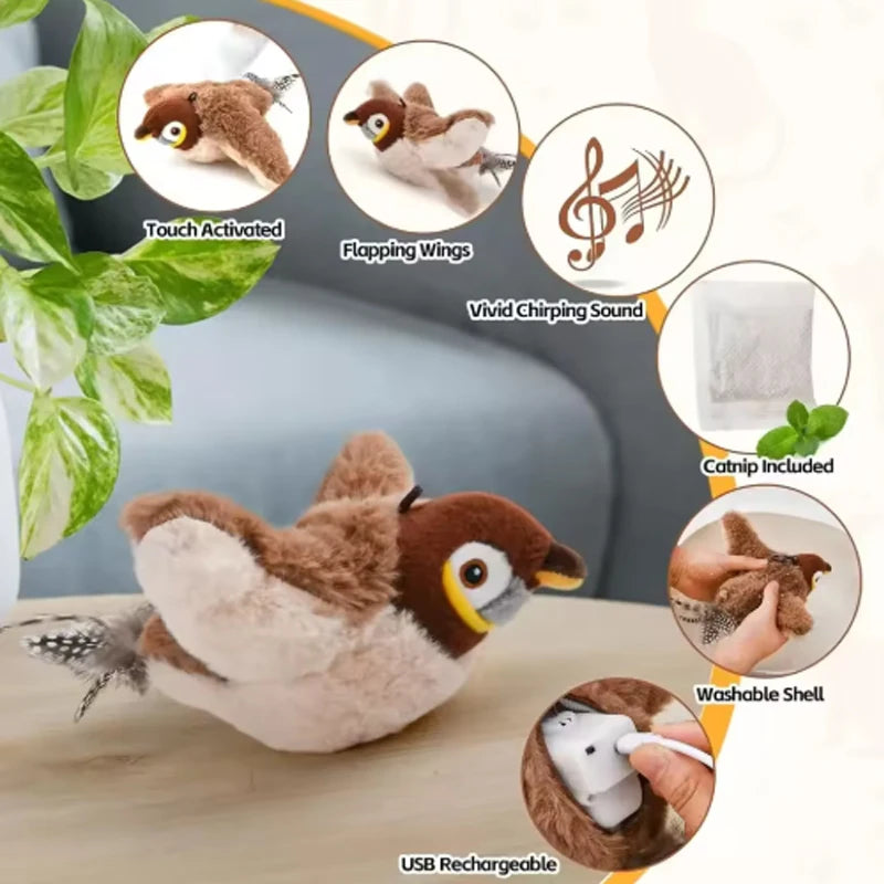 Interactive Chirping Bird Cat Toy | Touch Activated Flapping Plush Toy