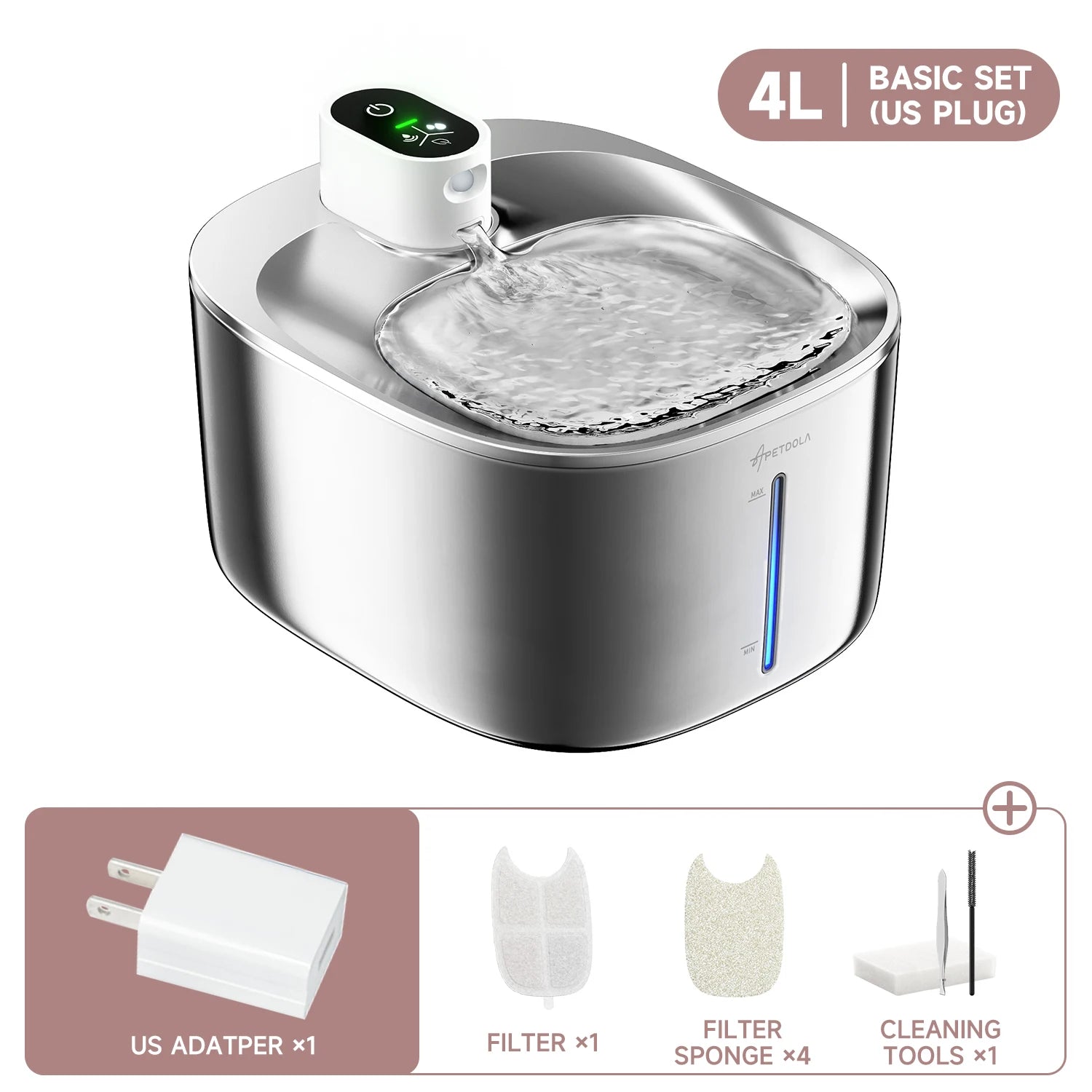 4L Cordless Pet Water Fountain  | Stainless Steel Smart Sensor Cat & Dog Fountain