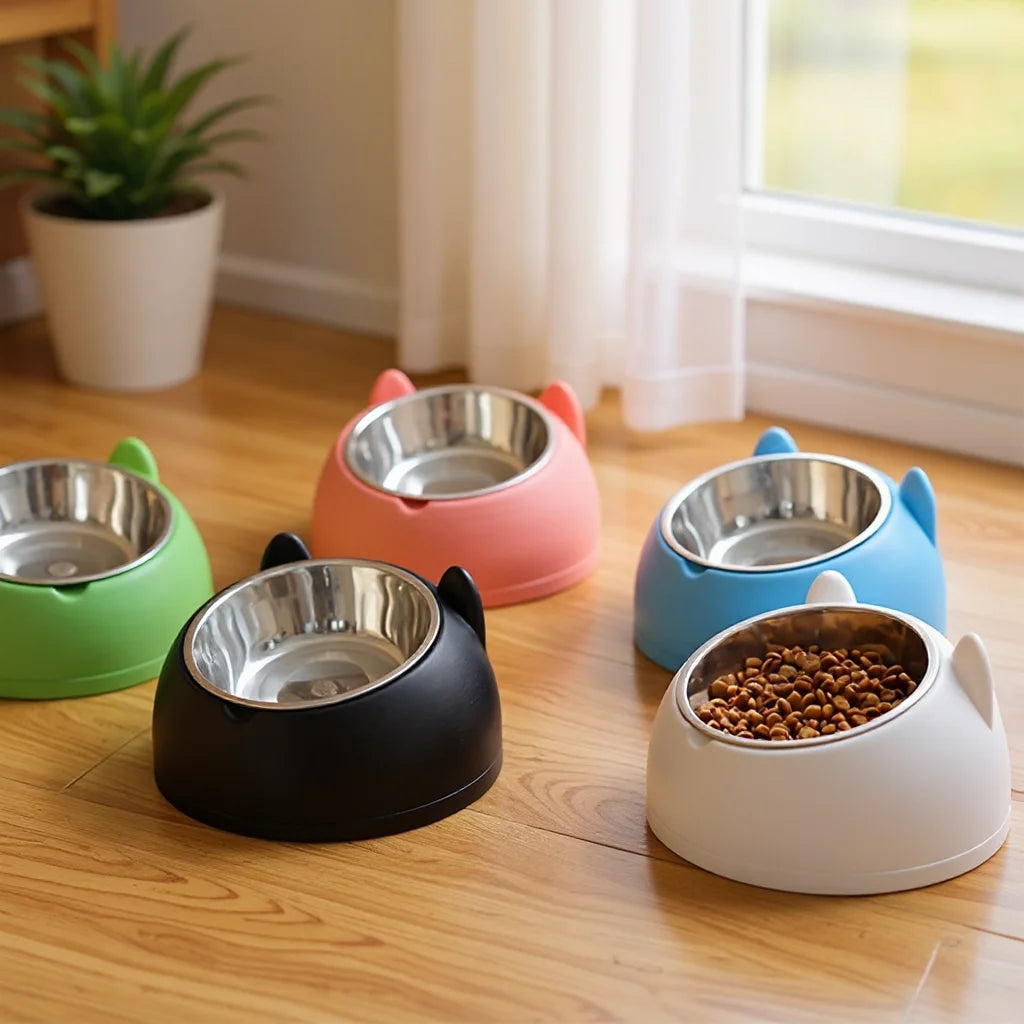 Elevated Cat Bowl Stainless Steel Inclined Food and Water Dish Neck Protection Design