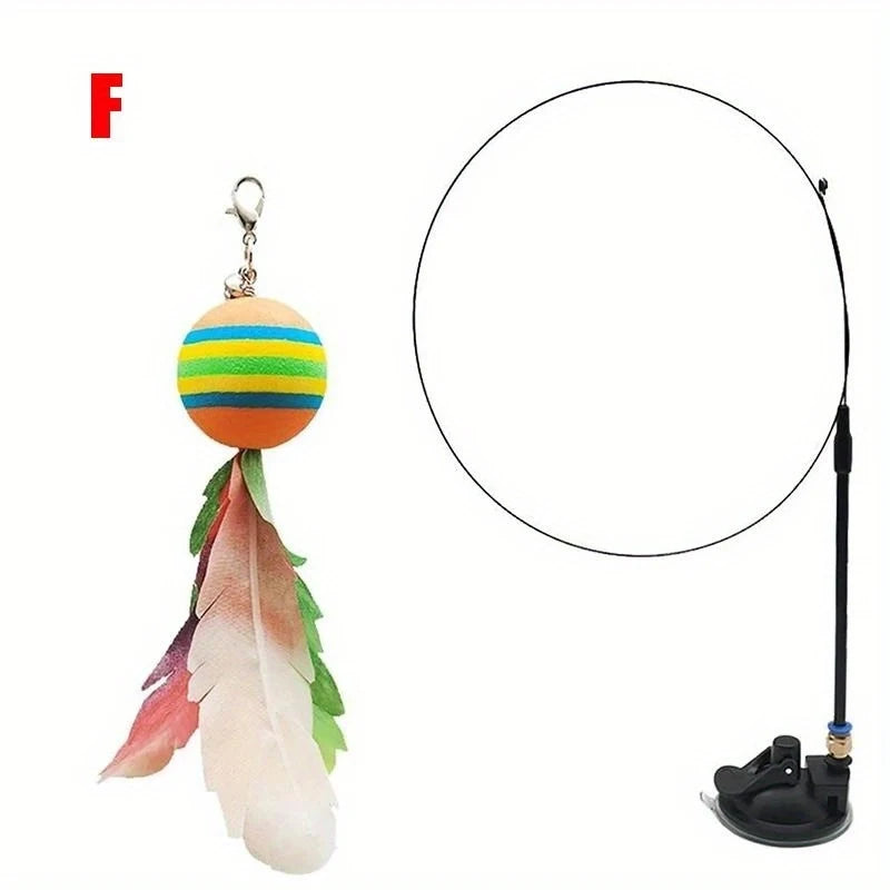 Interactive Cat Feather Wand Toy Set Suction Cup Replacement Feathers Fun Pet Toy